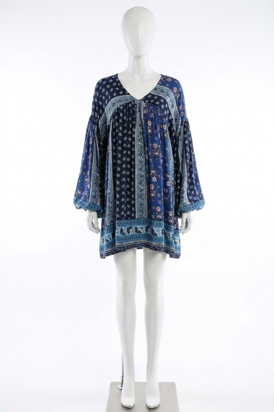 NEW VELZERA patch print baby doll mini dress in blue